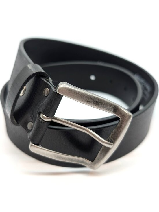 Germany Accessories - Classic Black Leather Belt with Brushed Silver Buckle - Unbranded